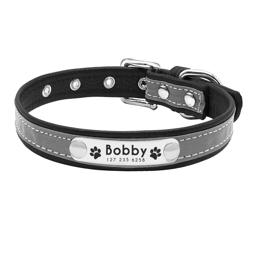 Reflective Personalized Leather Dog Collar – Padded Comfort