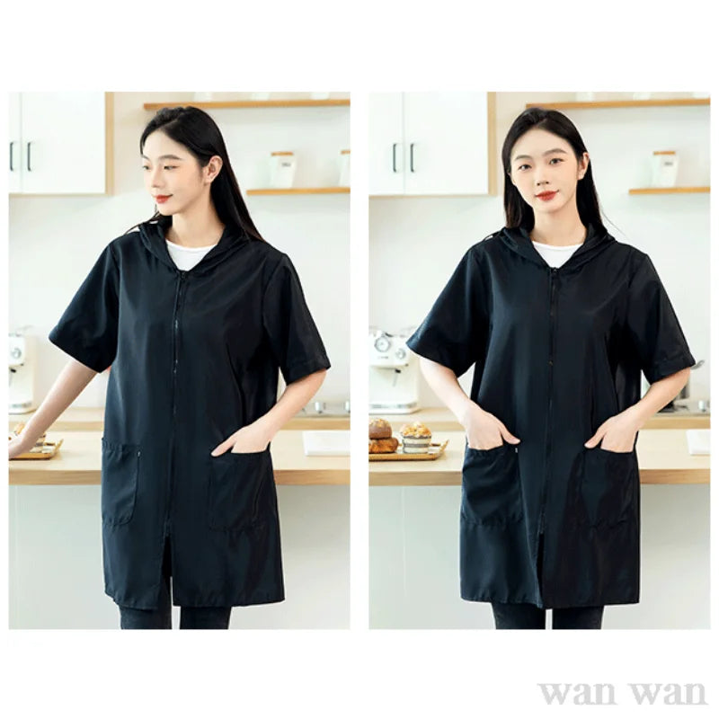 Waterproof Pet Groomer Work Clothes – Black Short Sleeve Dog Grooming Uniform | Grooming Gown Apron for Salon & Barber Shop – Y1111