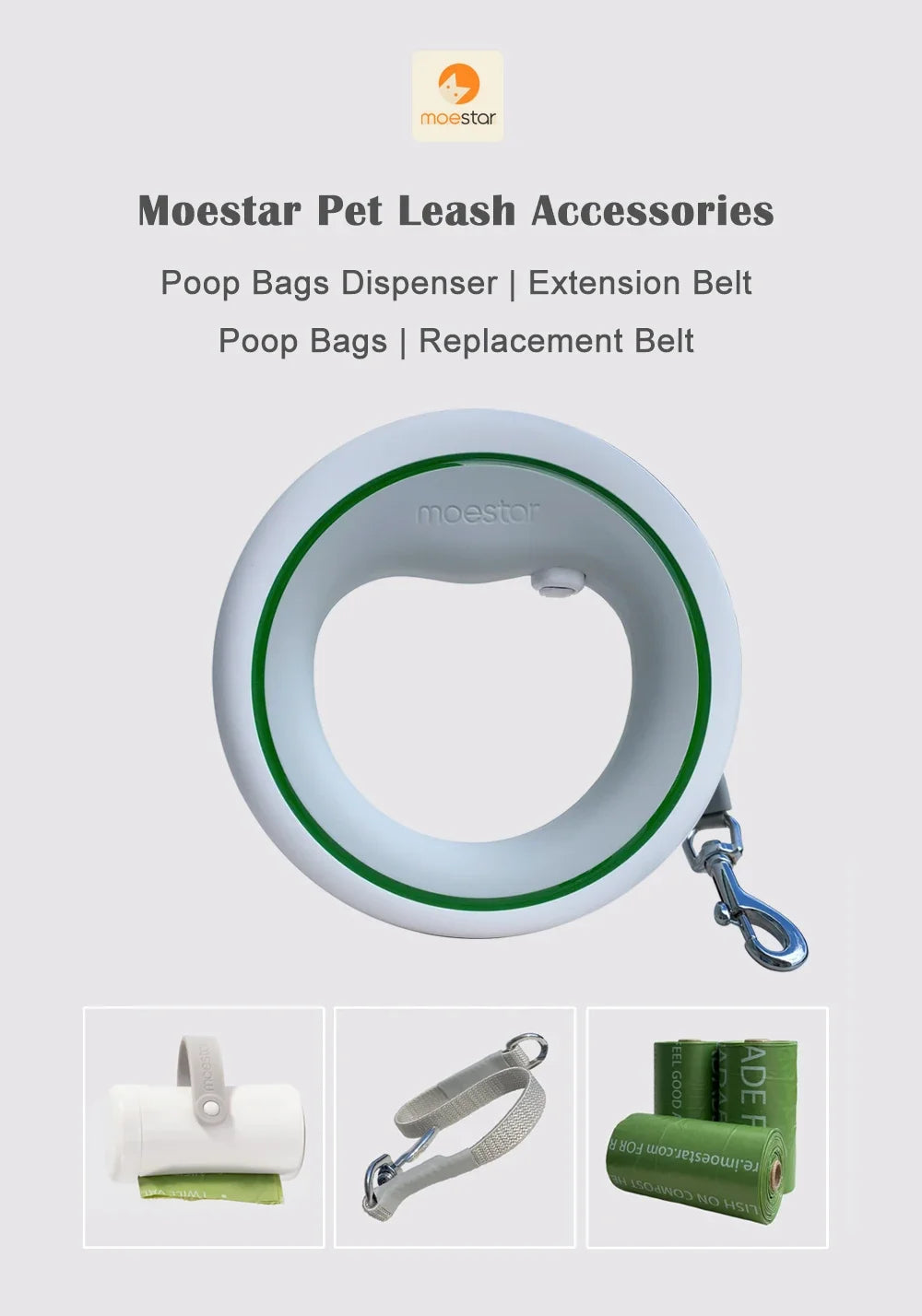 Moestar Pet Leash Poop Bag Dispenser & Dual Extension Belt | Walk 2 Pets with Replaceable Waste Bags – Dog Walking Accessory NZ