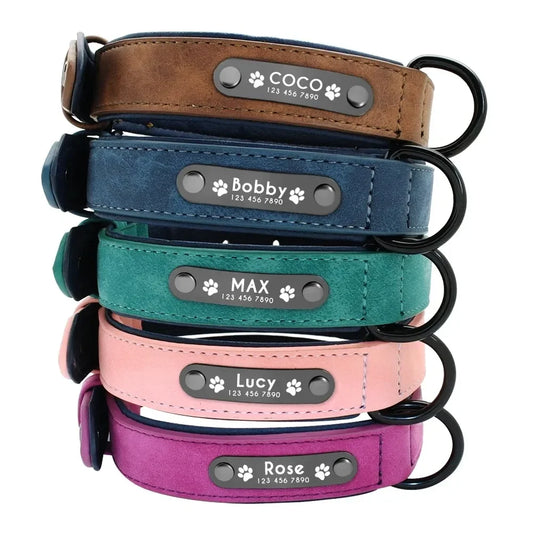 Personalized Leather Dog Collar – Custom Name ID Tag for Dogs