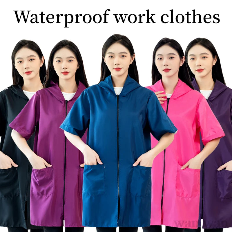 Waterproof Pet Groomer Work Clothes – Black Short Sleeve Dog Grooming Uniform | Grooming Gown Apron for Salon & Barber Shop – Y1111