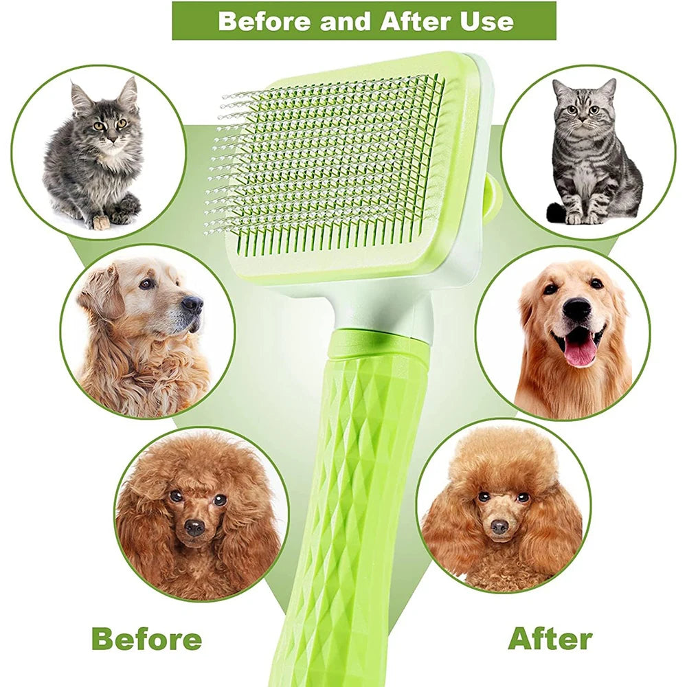 Pet Grooming Massage Brush with One-Click Hair Removal – Tangle & Loose Hair Cleaner for Cats & Dogs, Short & Long Hair