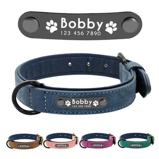 Personalized Leather Dog Collar – Custom Name ID Tag for Dogs