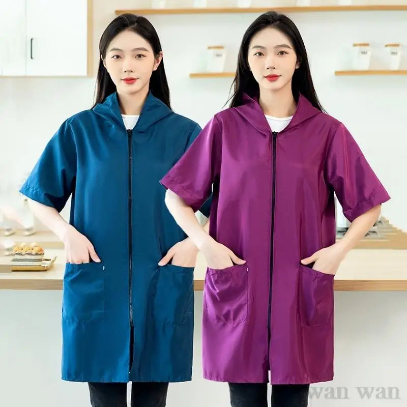 Waterproof Pet Groomer Work Clothes – Black Short Sleeve Dog Grooming Uniform | Grooming Gown Apron for Salon & Barber Shop – Y1111