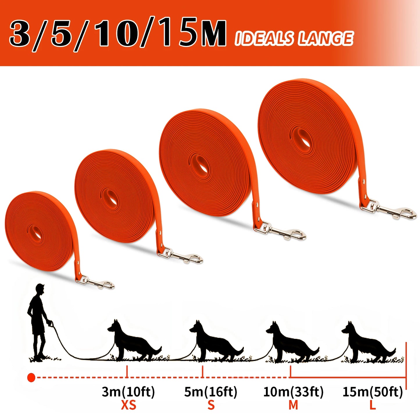 Waterproof Long Dog Leash – PVC Training Lead for Small to Large Dogs | 3m, 5m, 10m, 15m | Easy-Clean Outdoor Walking Rope