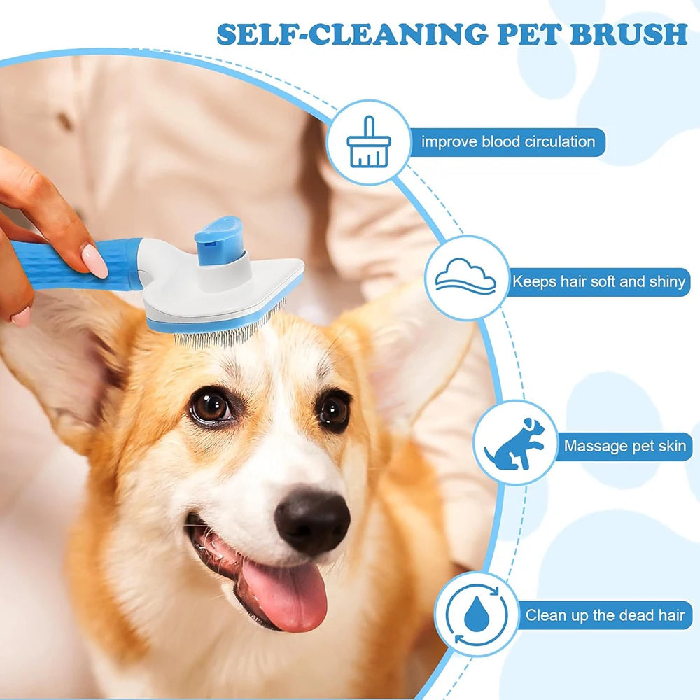 Pet Grooming Massage Brush with One-Click Hair Removal – Tangle & Loose Hair Cleaner for Cats & Dogs, Short & Long Hair