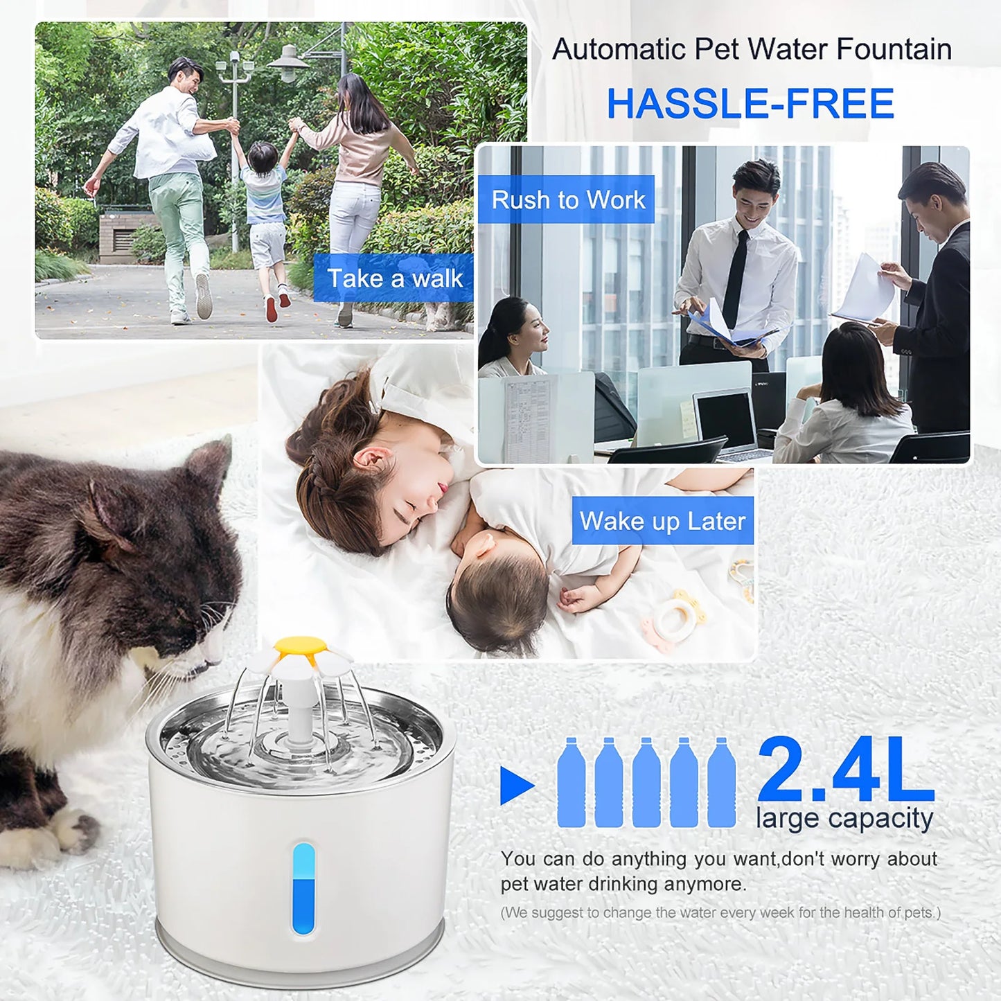 LED Cat Water Fountain NZ – Quiet 2.4L Drinking Bowl for Cats & Dogs