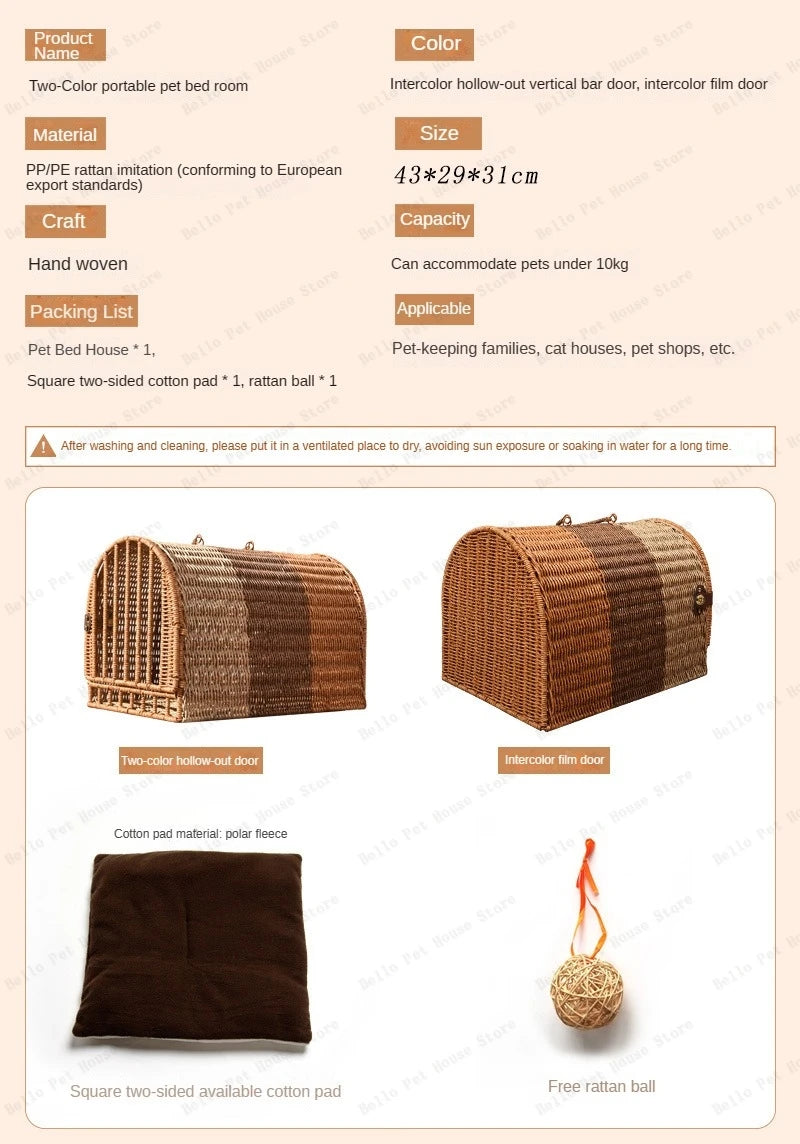 Rattan Cat Cage NZ | Portable Cat Carrier, Nest & Basket – Vehicle Mounted Travel Cat House & Tote Bag for Cats – Durable & Stylish
