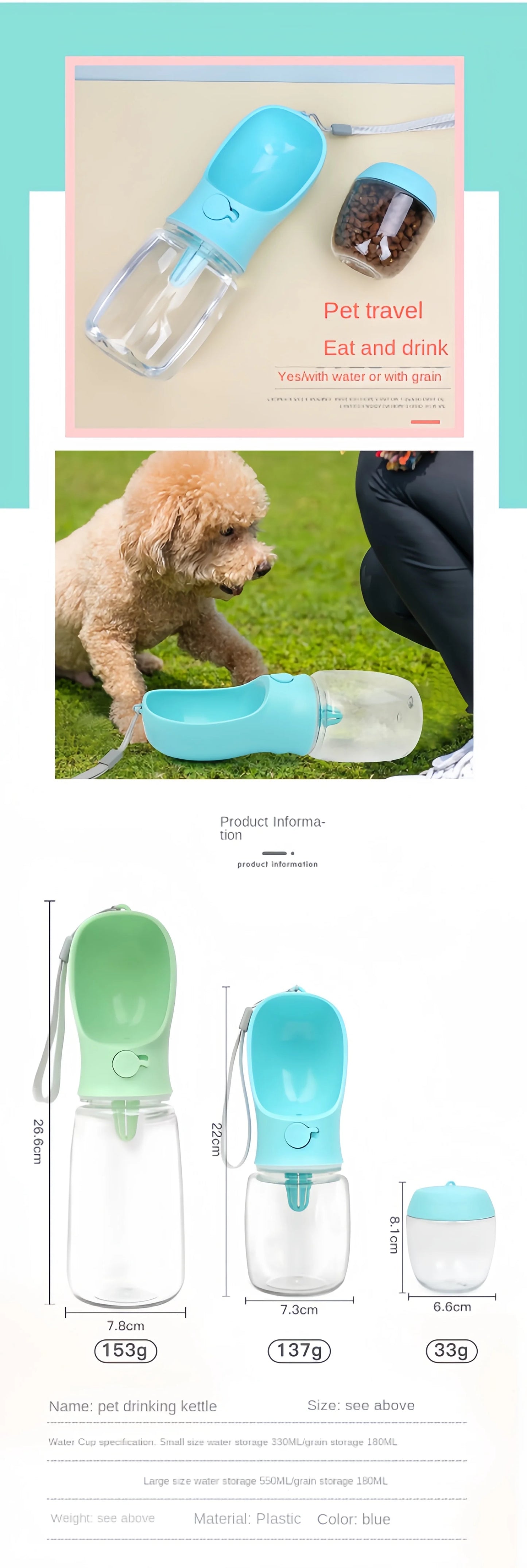 Portable Dog Water Bottle with Food Storage – Travel Feeder Bowl