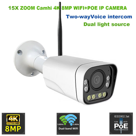 CamHi 4K 8MP IP Camera – 15x Zoom, WiFi/Poe, Audio, Outdoor