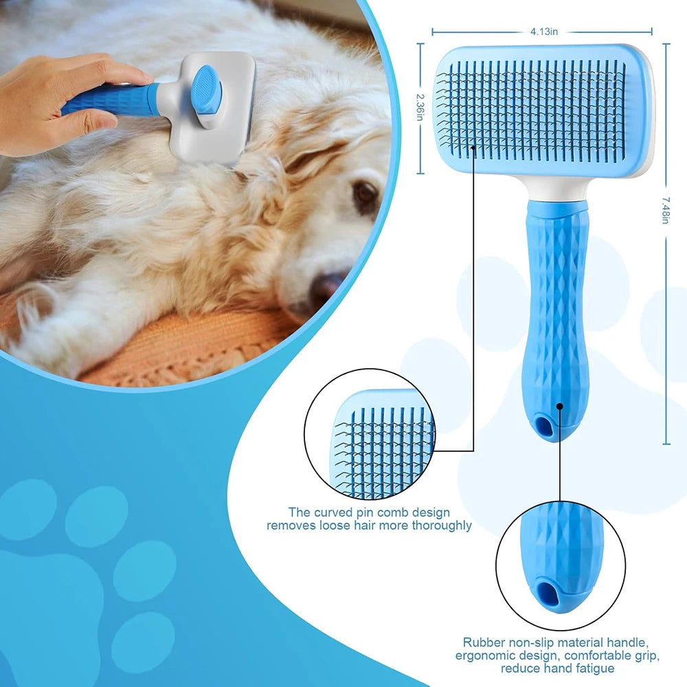 Pet Grooming Massage Brush with One-Click Hair Removal – Tangle & Loose Hair Cleaner for Cats & Dogs, Short & Long Hair