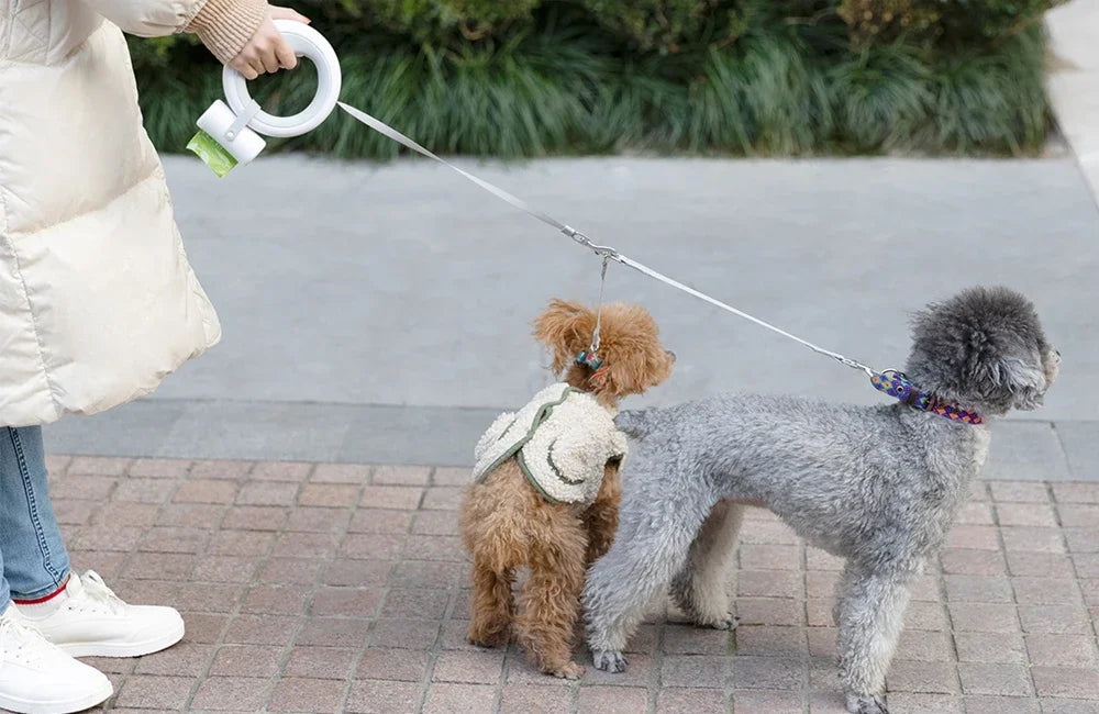 Moestar Pet Leash Poop Bag Dispenser & Dual Extension Belt | Walk 2 Pets with Replaceable Waste Bags – Dog Walking Accessory NZ