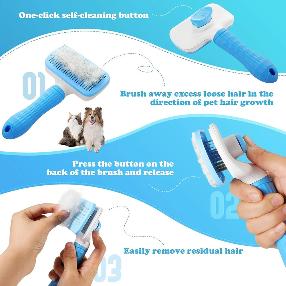Pet Grooming Massage Brush with One-Click Hair Removal – Tangle & Loose Hair Cleaner for Cats & Dogs, Short & Long Hair