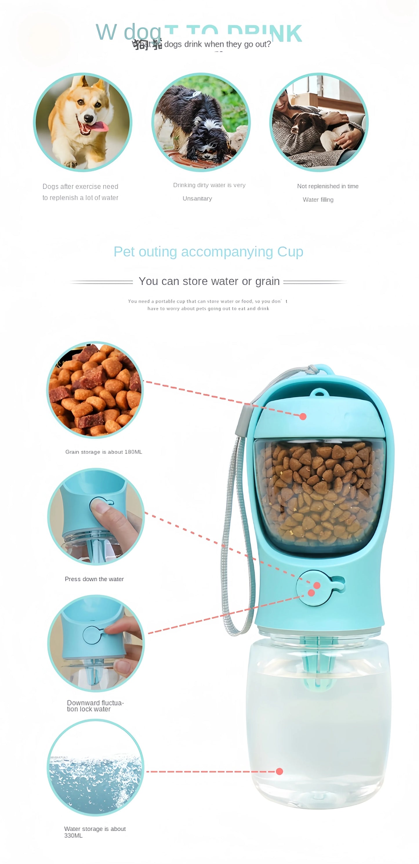 Portable Dog Water Bottle with Food Storage – Travel Feeder Bowl