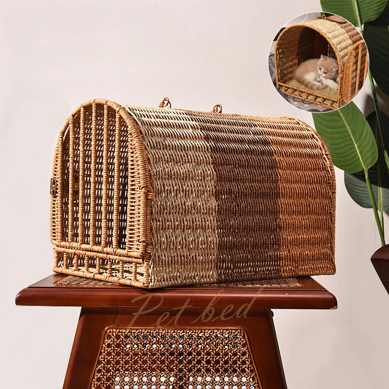 Rattan Cat Cage NZ | Portable Cat Carrier, Nest & Basket – Vehicle Mounted Travel Cat House & Tote Bag for Cats – Durable & Stylish