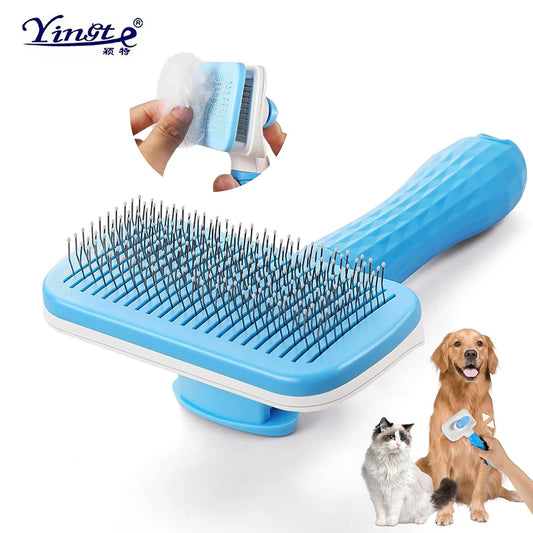 Pet Grooming Massage Brush with One-Click Hair Removal – Tangle & Loose Hair Cleaner for Cats & Dogs, Short & Long Hair