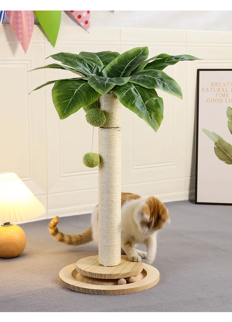 Cat Scratching Post NZ | Natural Sisal Rope Post with Hanging Balls & Wooden Track Toy – PawNest