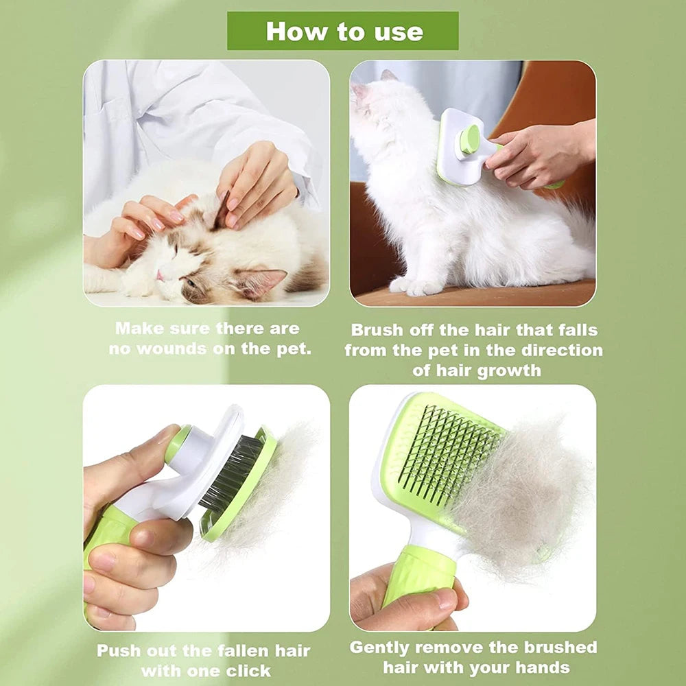 Pet Grooming Massage Brush with One-Click Hair Removal – Tangle & Loose Hair Cleaner for Cats & Dogs, Short & Long Hair